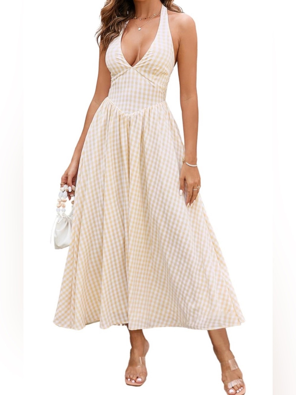 Gingham Halter V Neck Midi Dress Corset Smocked Dress